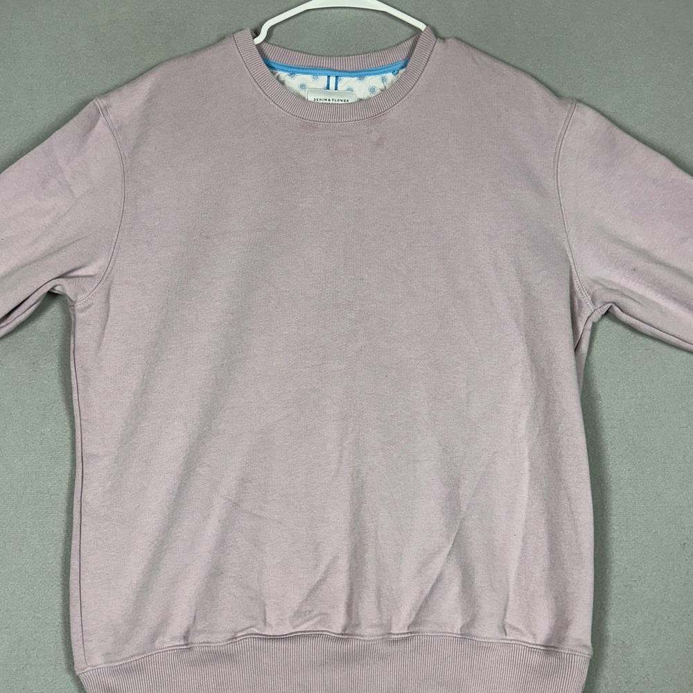 Denim Flower Sweatshirt Mens Large Lavender Purple Crew Neck Pullover Casual EUC